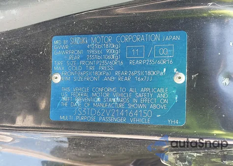 2001 Suzuki Grand Vitara Jx/Jlx/Limited/Se z USA, uszkodzony, nr VIN JS3TD62V214164150